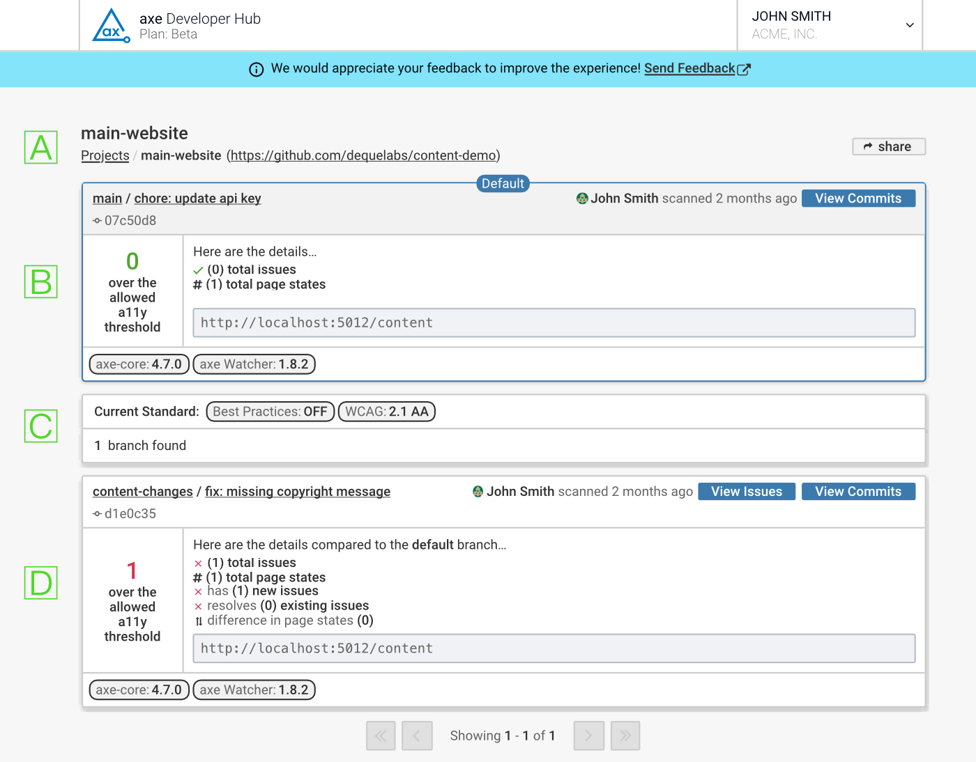 The branches page in axe Developer Studio shows the default main branch and a branch called main