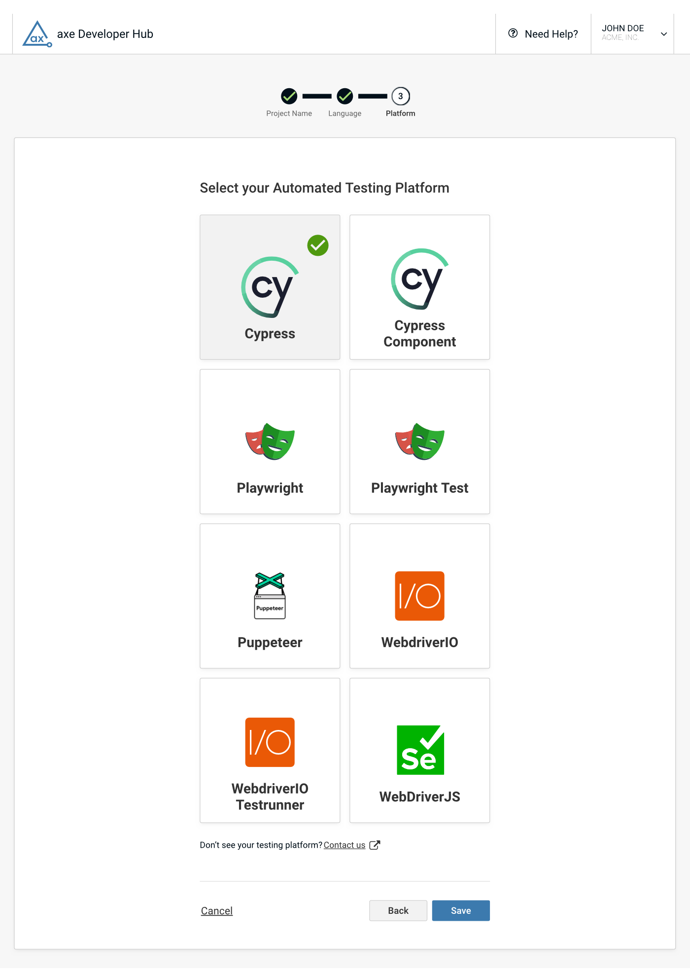 Shows the browser automation platforms offered when choosing JavaScript or TypeScript in the previous step.