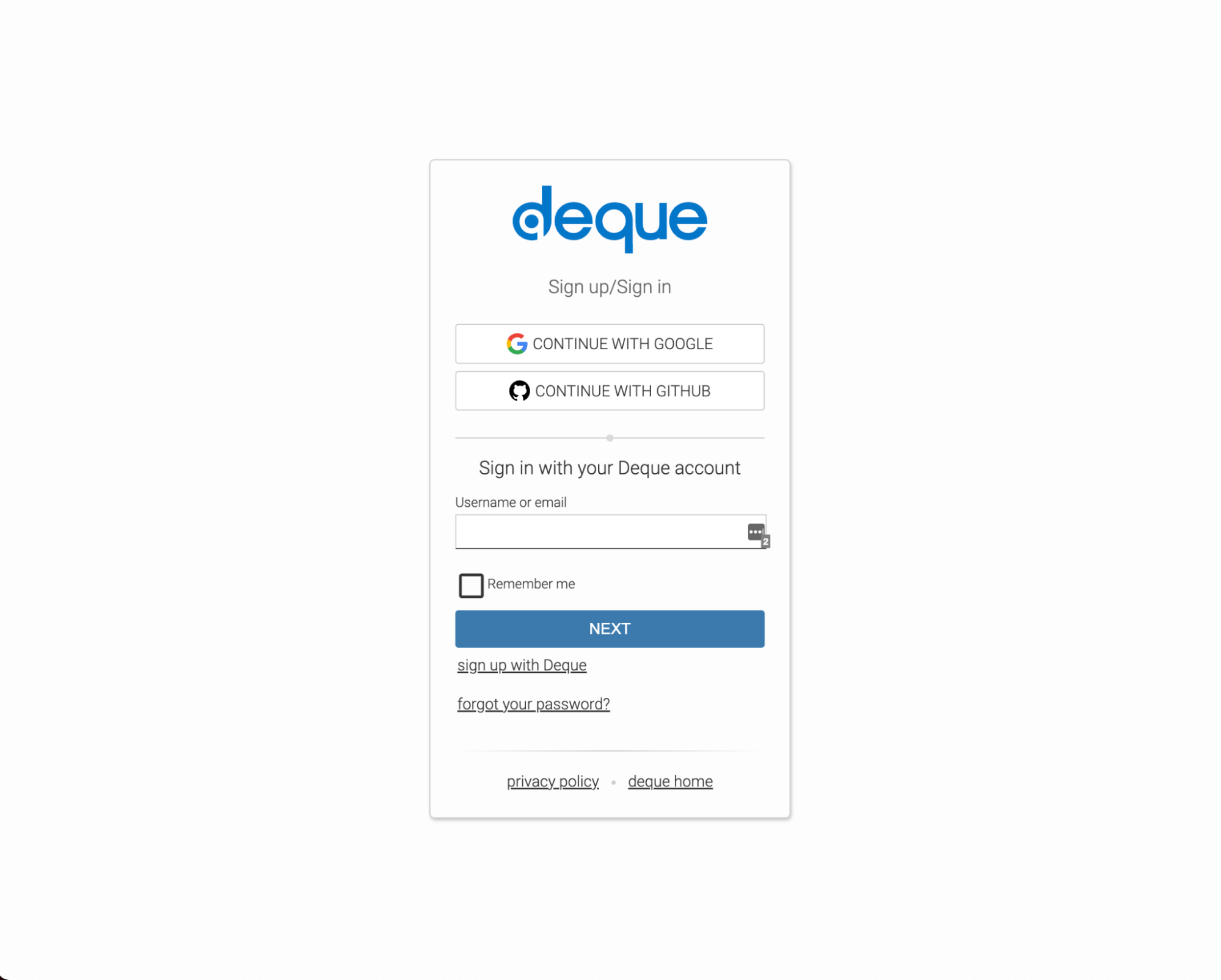Sign-in or Sign-up webpage for Deque