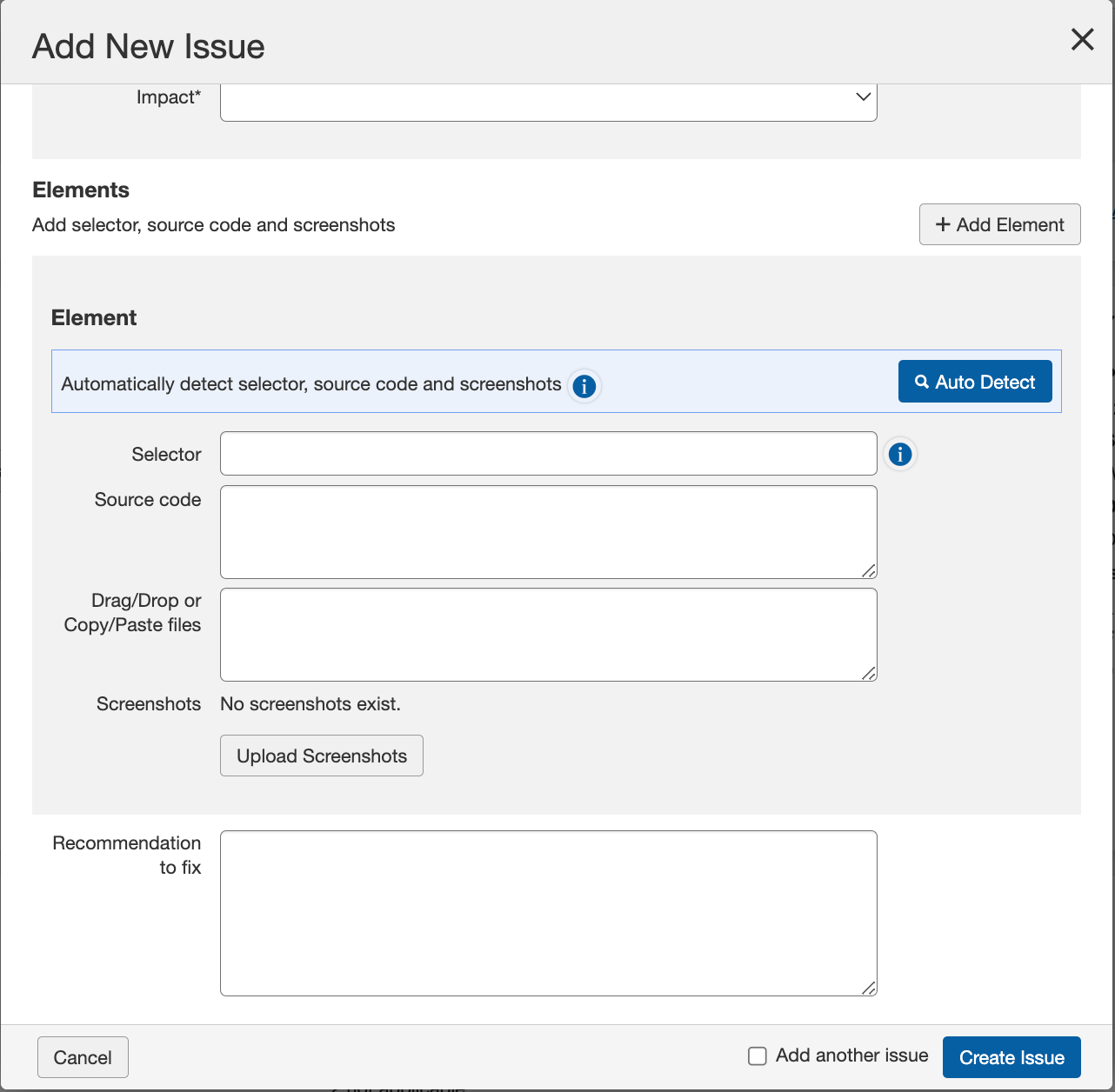 Selector, Source Code, Screenshots, and Recommendations fields