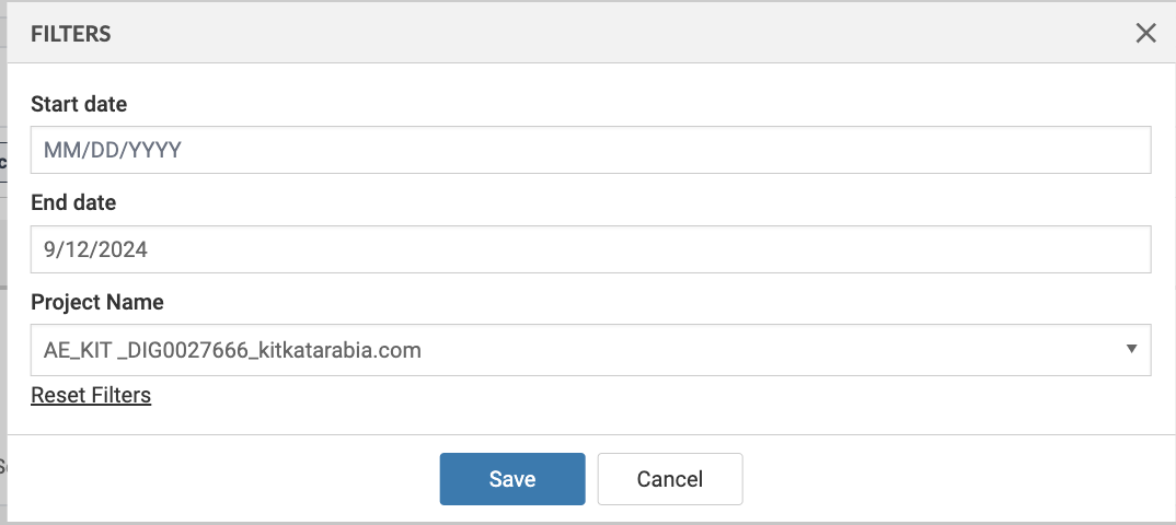 Filters on the Scan Data screen for Start Date, End Date, Project name