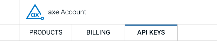 La página Cuenta de axe muestra las opciones de Productos, Facturación y Claves API.