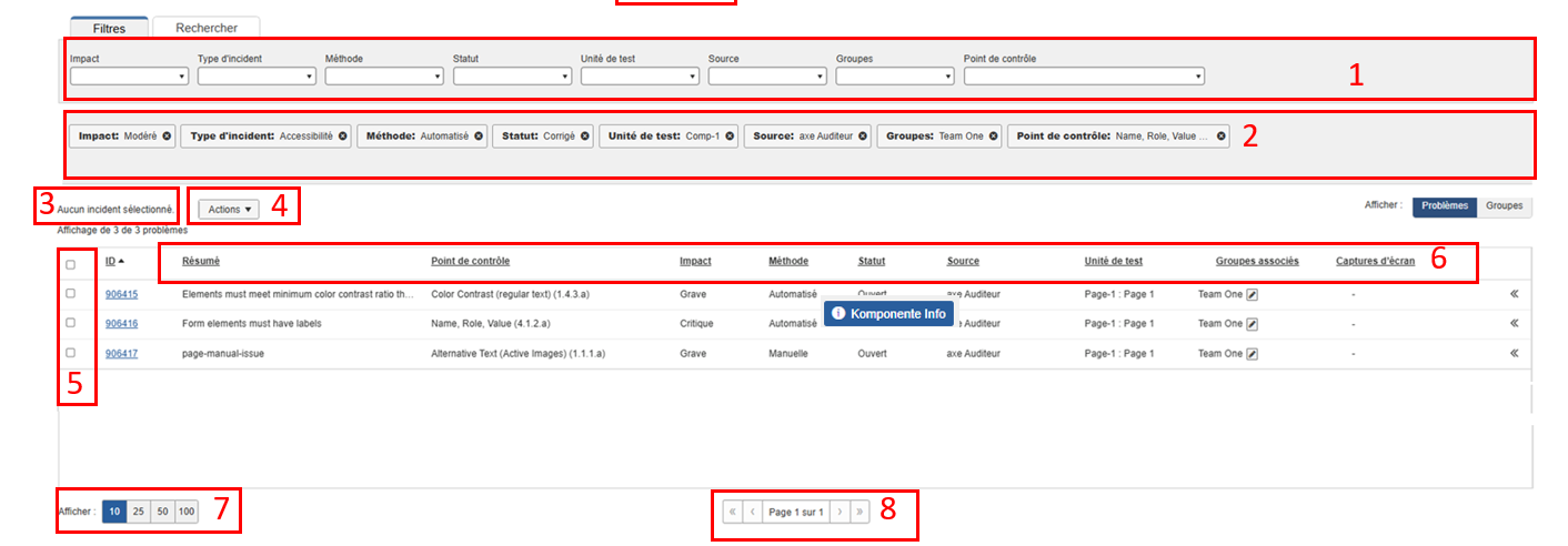 Exemple d'un tableau dans axe Auditor, avec les 10 fonctionnalités suivantes numérotées