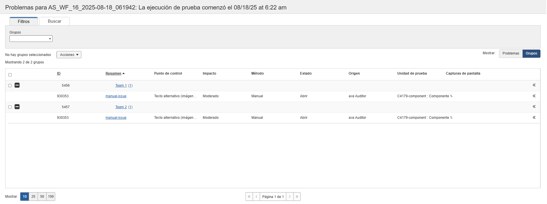 pestaña de grupos con problemas y en estado expandido