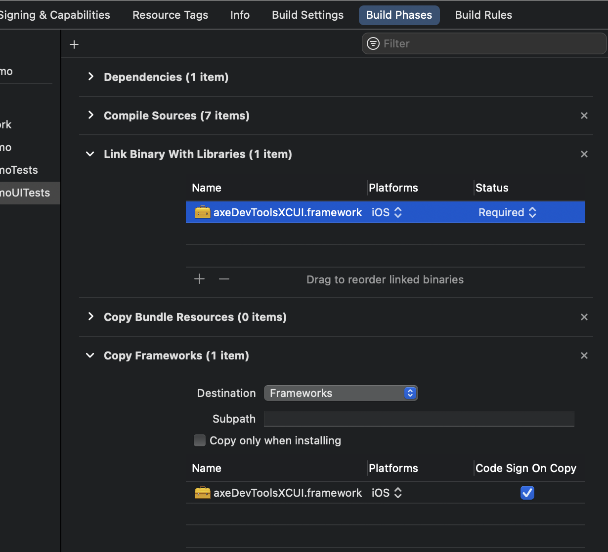 screenshot of Xcode highlighting steps to embed the framework.
