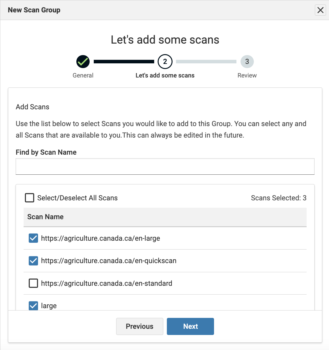 Seleccionar escaneos para el grupo