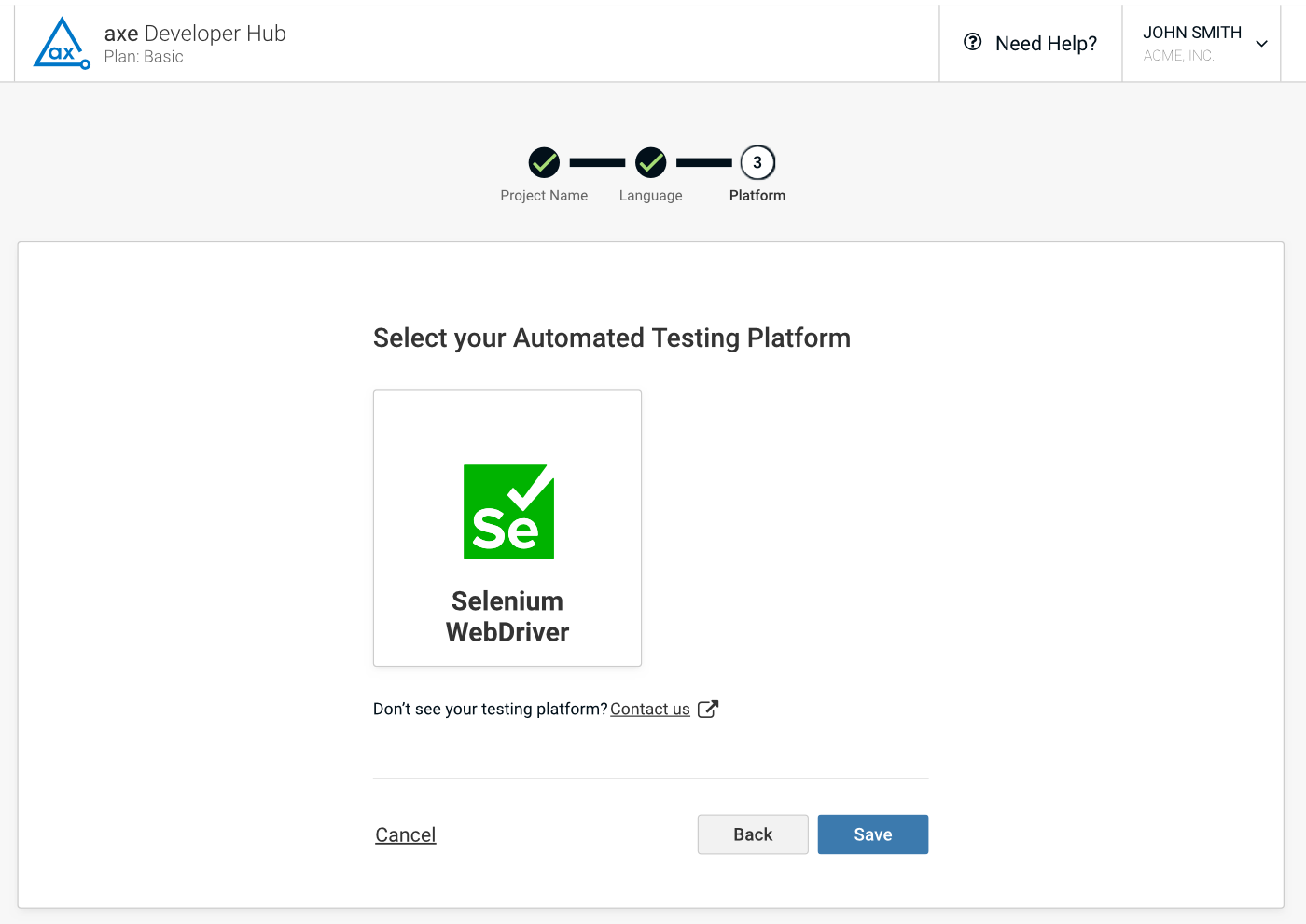 Shows the browser automation platform, Selenium WebDriver, offered when you choose Java in the previous step.