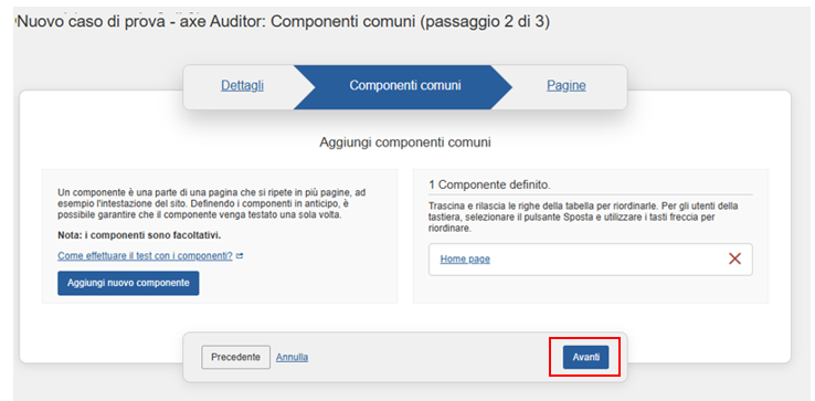 Attivazione del pulsante Crea nuovo caso di test nel pannello Pagine della schermata Nuovo caso di test: Pagine (Passaggio 3 di 3)