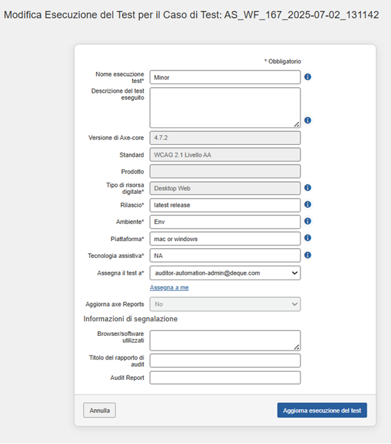 Edit Test Run for Test Case