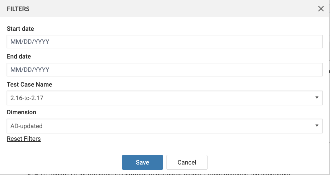 Filters on the Audit Data screen for Start Date, End Date, Test Case name, Dimension