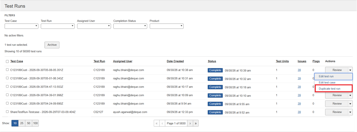 Duplicate Test Run Option
