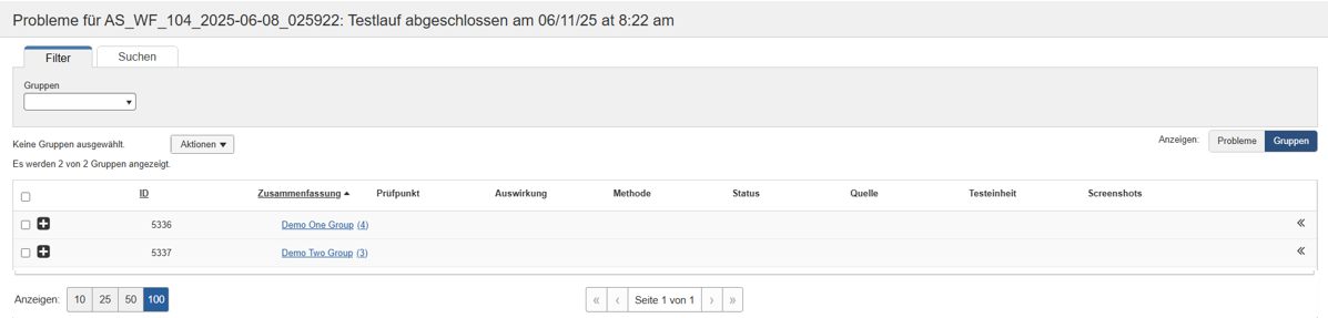 tabblad Groepen met problemen en in uitgevouwen toestand