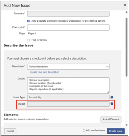 Add New Issue page where the Impact option is disabled