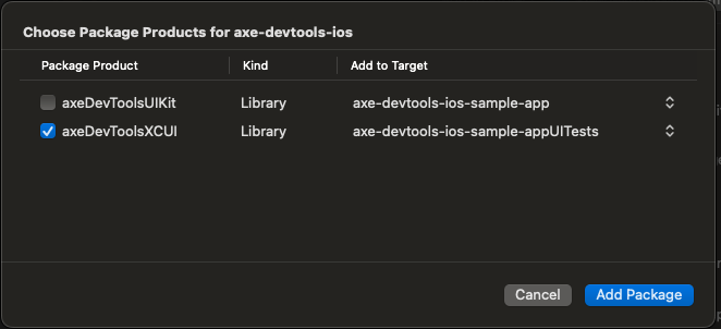 Screenshot of Xcode's Swift Package Window to select a target where the framework will be added.