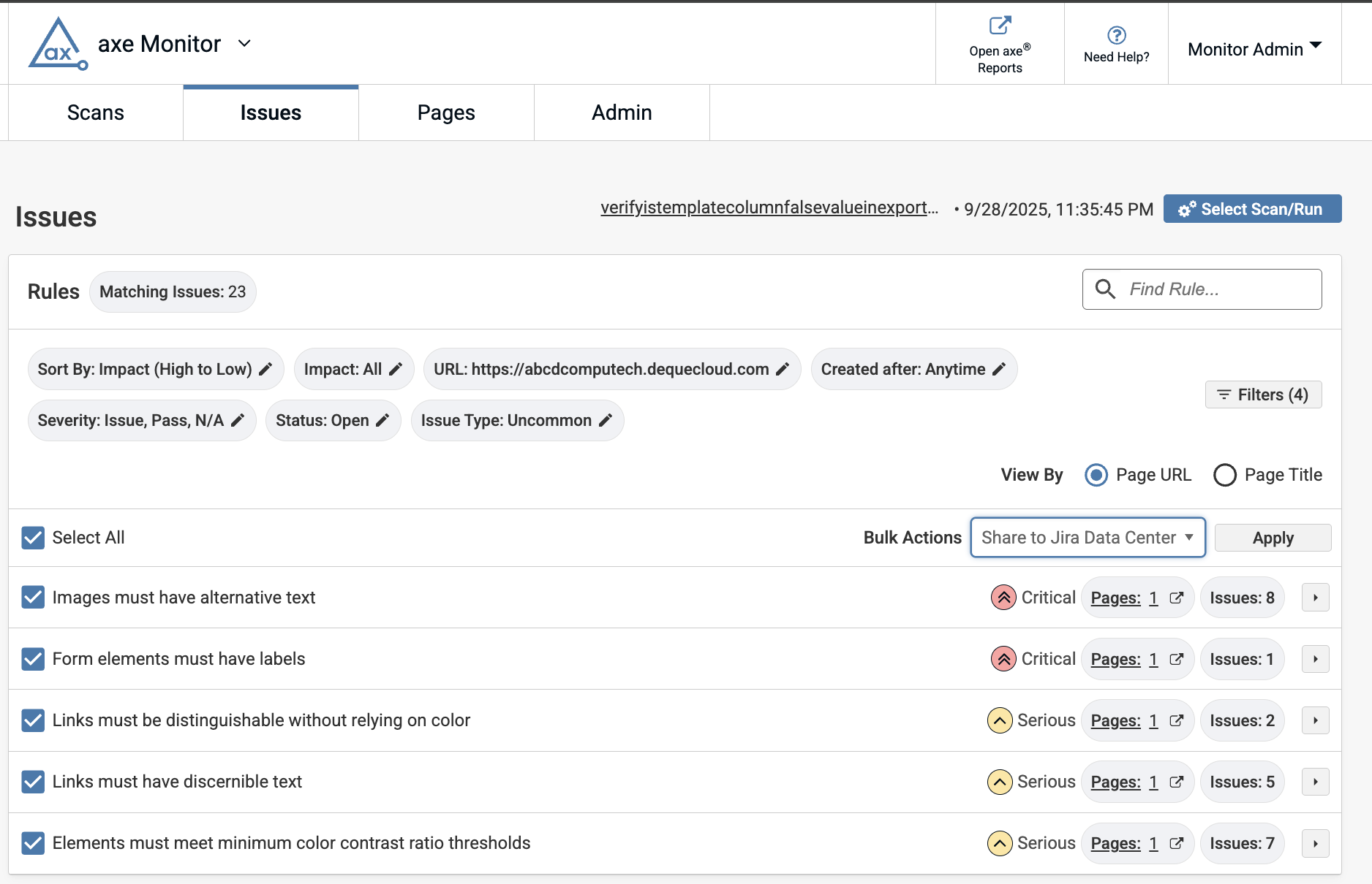Axe monitor issues view filters: URL: abcdcomputech.dequecloud.com. Select all checkbox filled five accessibility rules are selected. Bulk actions drop down, share to Jira data center. Apply button.