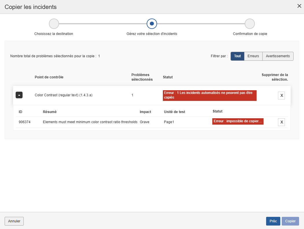 Liste déroulante des problèmes de copie