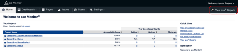 View axe® Reports link in axe Monitor®