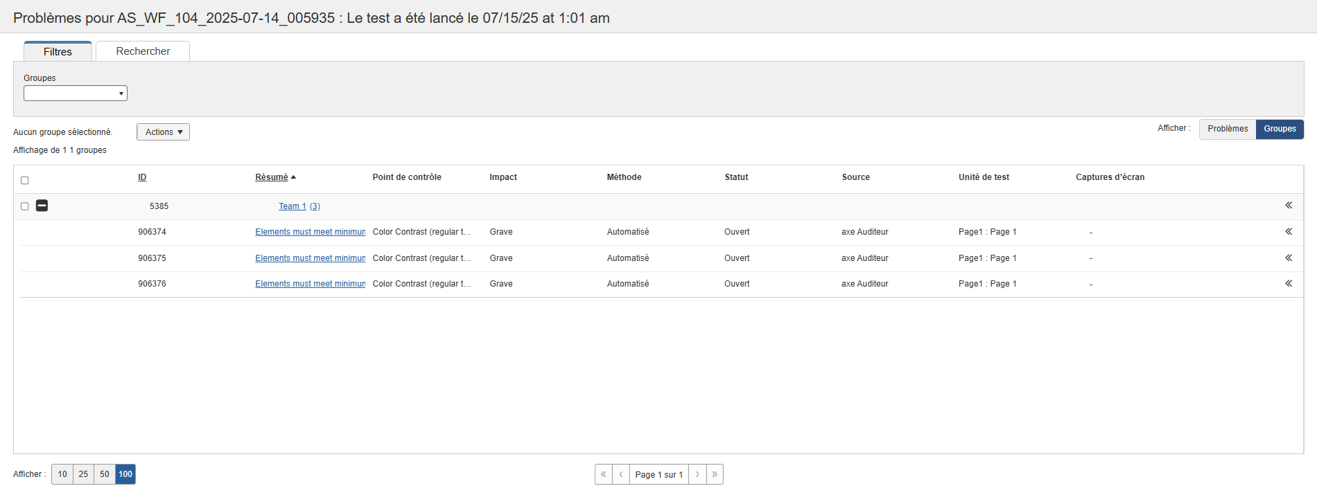 onglet groupes avec problèmes et en mode développé