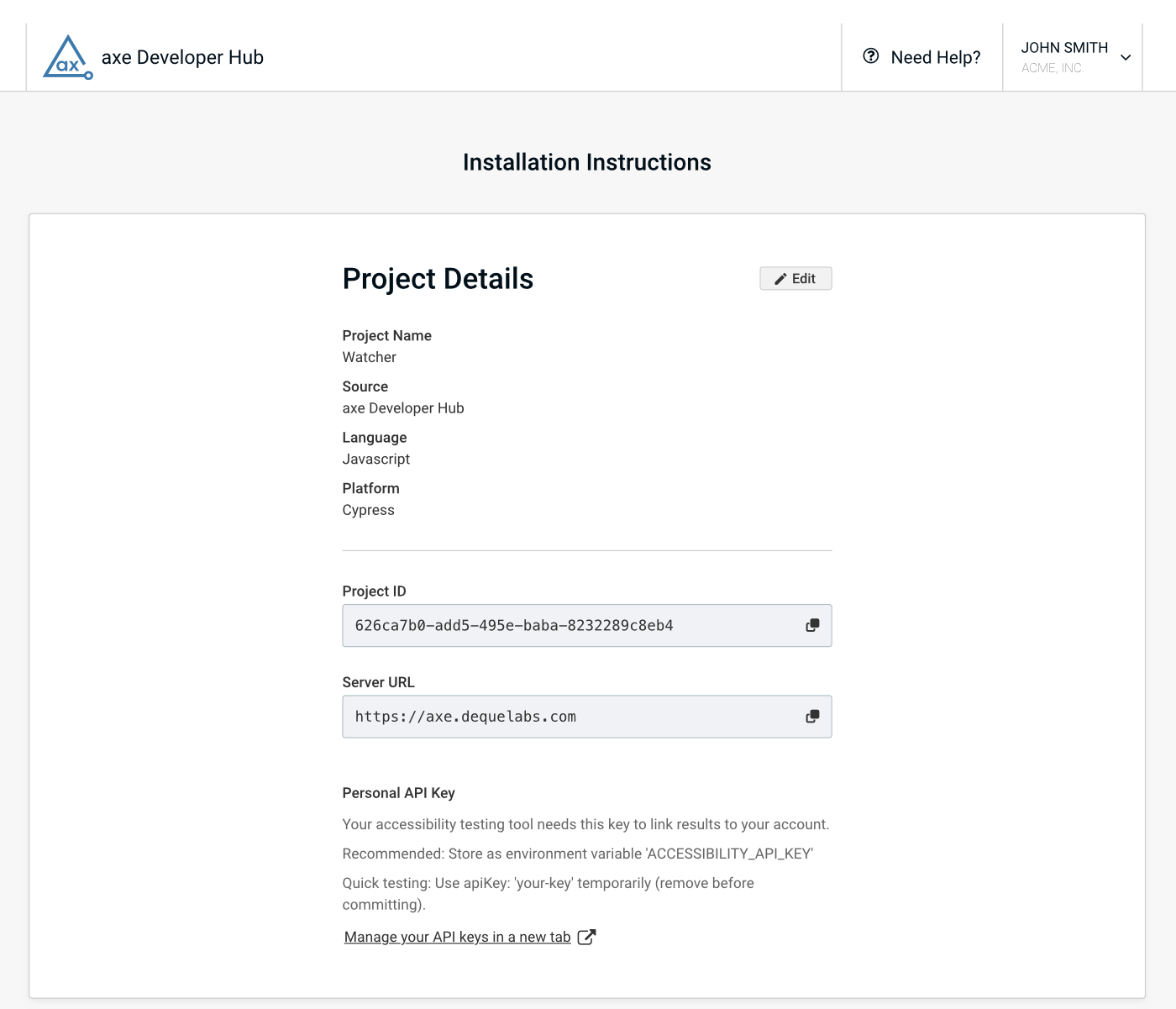 This image shows the instructions, which is the final step when creating a new axe Developer Hub project.