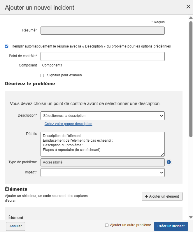 Écran d'ajout d'un nouveau problème