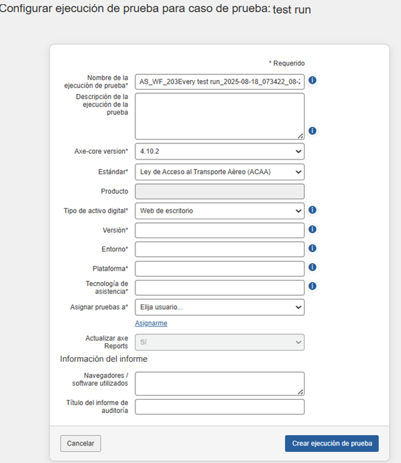 Configuración de una ejecución de prueba para un caso de prueba
