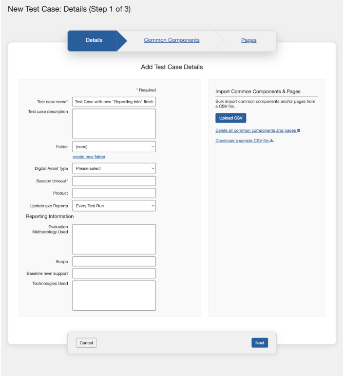 Populating the Details panel fields then activating the Next button when creating a new Test
Case