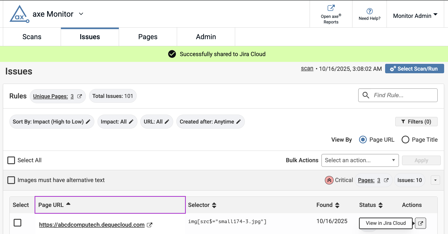 axe Monitor with banner, successfully shared to Jira cloud" Issue is expanded with new tab icon, view in Jira cloud