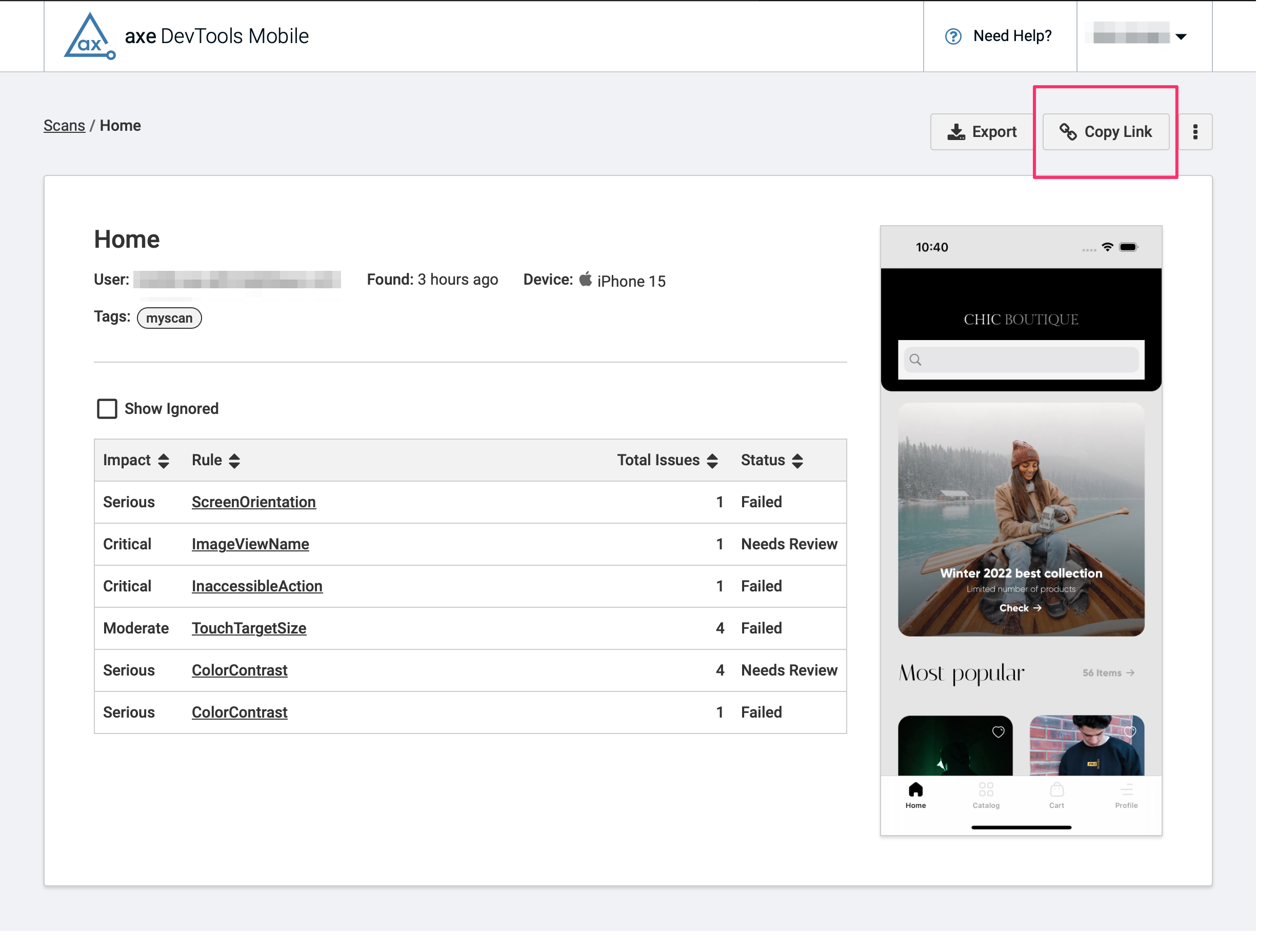 Screenshot of the share dialog window with the options to copy the URL, email the URL, or export the scan. Export the scan is highlighted.