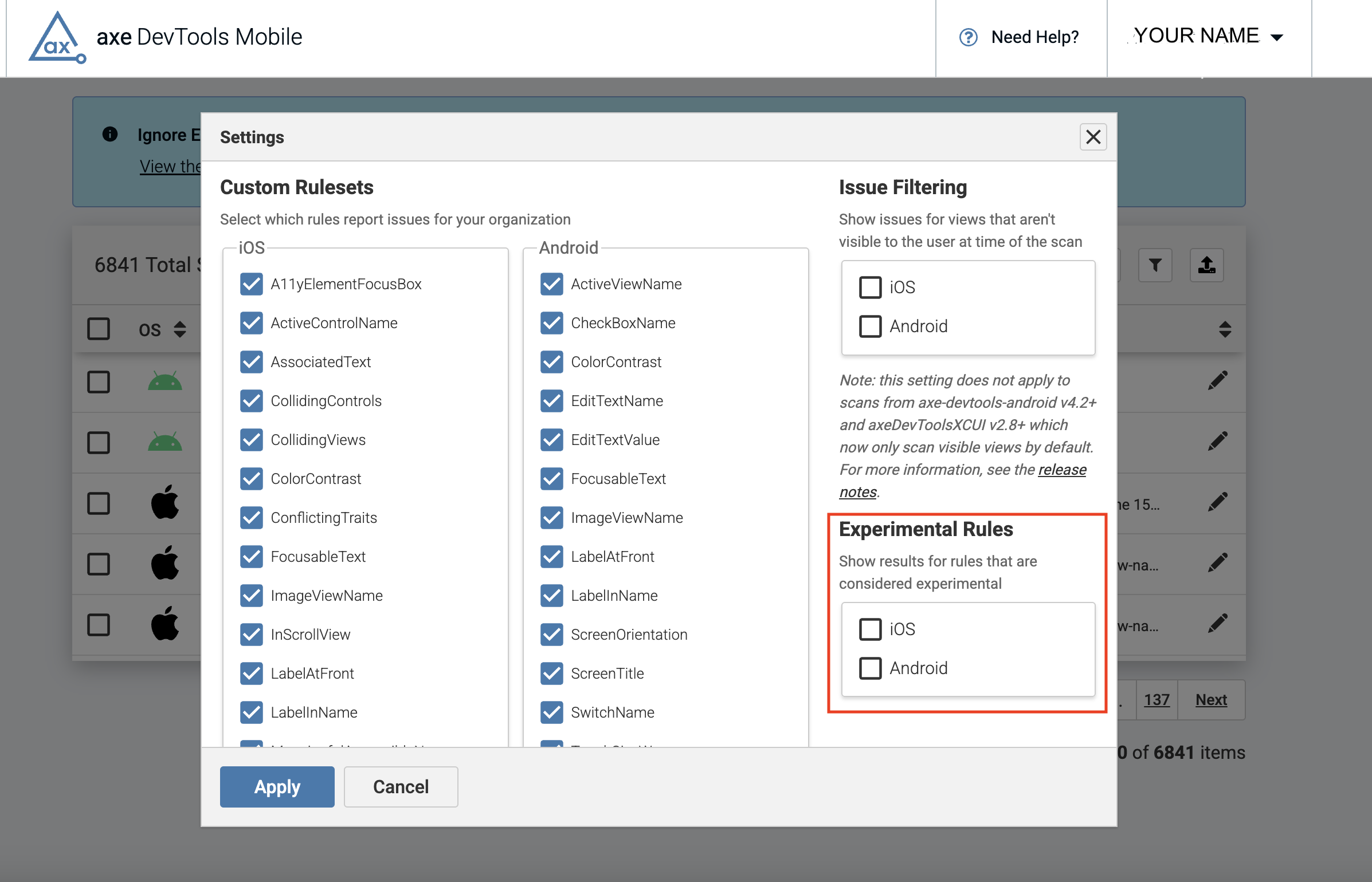 Screenshot of the Settings dialog with the Experimental Rules section highlighted on the right side of the dialog. The checkboxes for iOS and Android are unchecked.