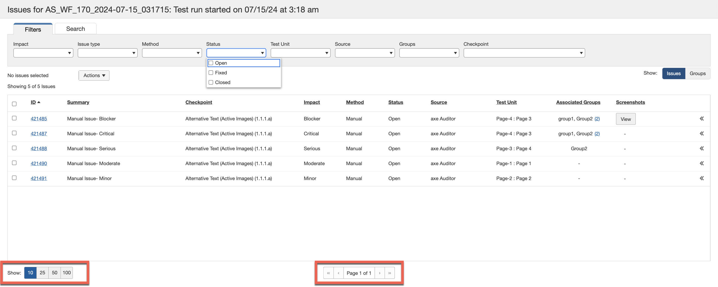 Clicking Show rows per table page, Page # of total navigation buttons