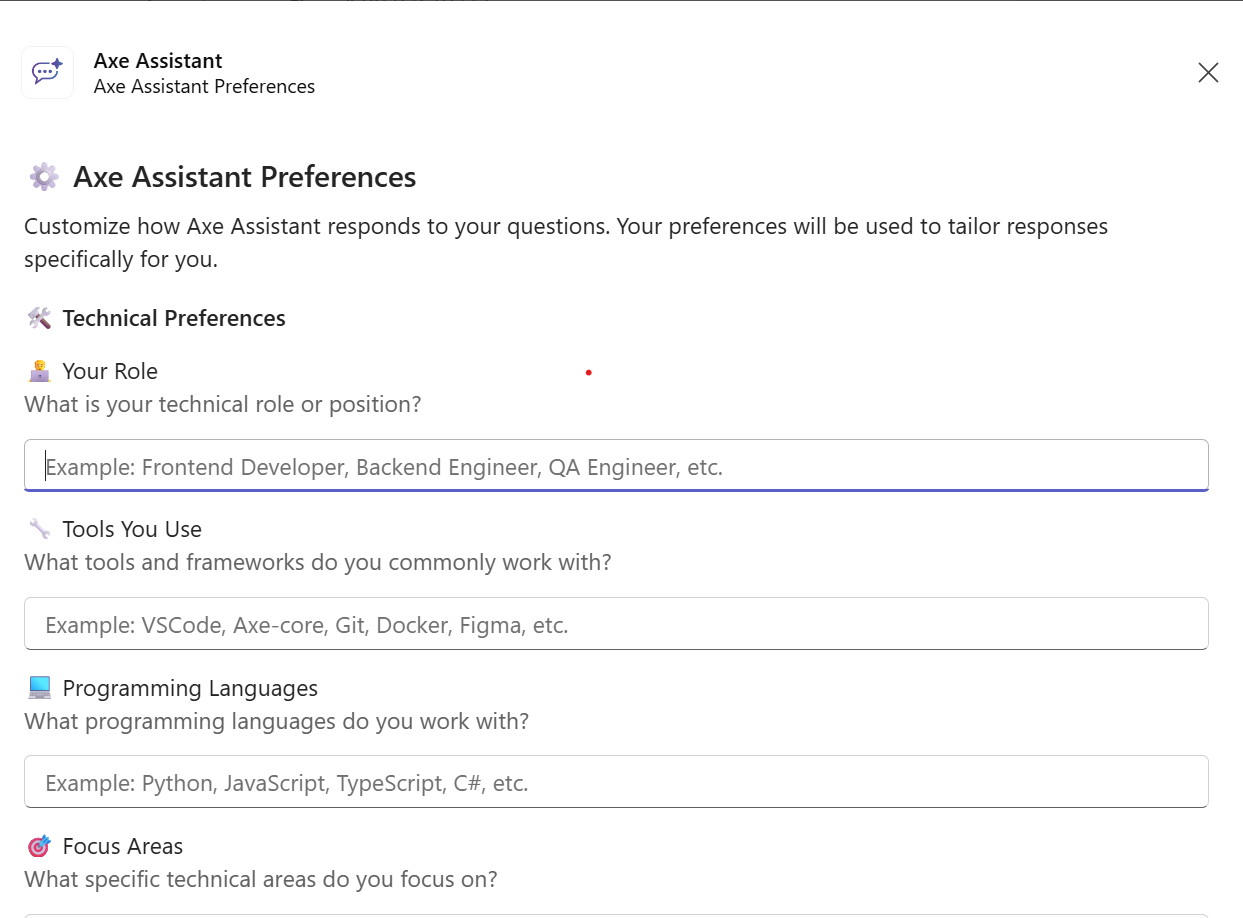 Axe Assistant User Preferences Page