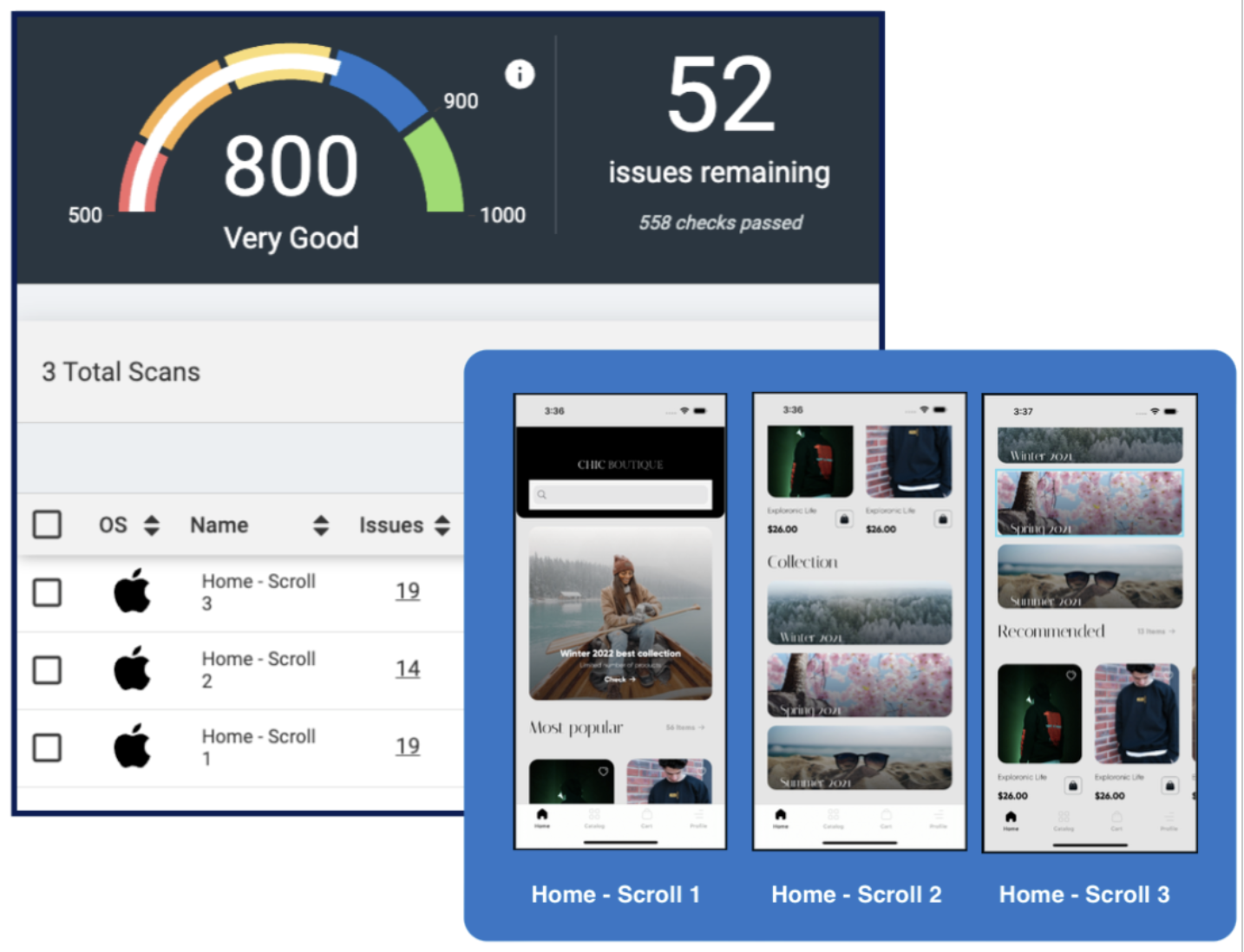 Captura de pantalla del Dashboard con 3 escaneos para la pantalla de inicio. Uno en la posición de desplazamiento superior, llamado Inicio - Desplazamiento 1. Uno en la posición de desplazamiento central, llamado Inicio - Desplazamiento 2. Uno en la posición de desplazamiento inferior, llamado Inicio - Desplazamiento 3.