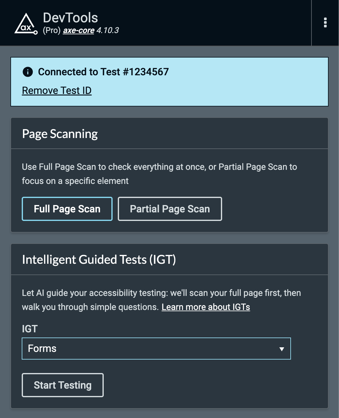 Screenshot of connected custom integration extension start testing page