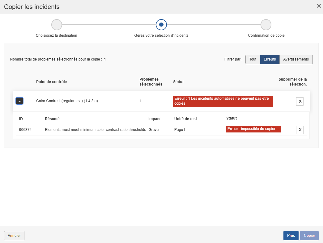 Liste déroulante des problèmes de copie