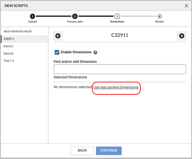 Dimension configuration modal showing the 'Use last applied Dimensions control'