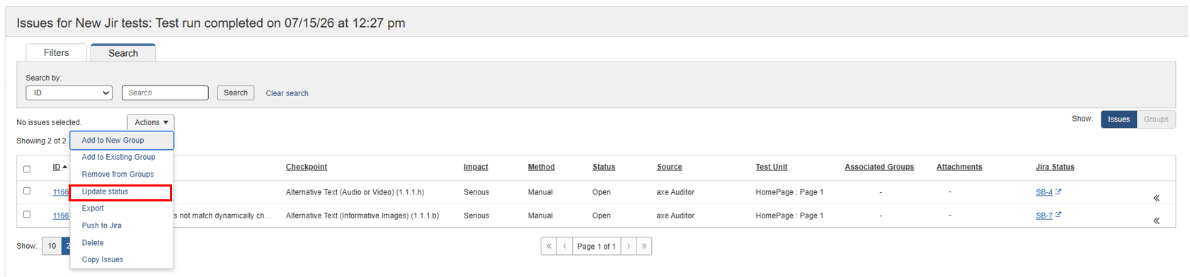Update Status Issues Dropdown