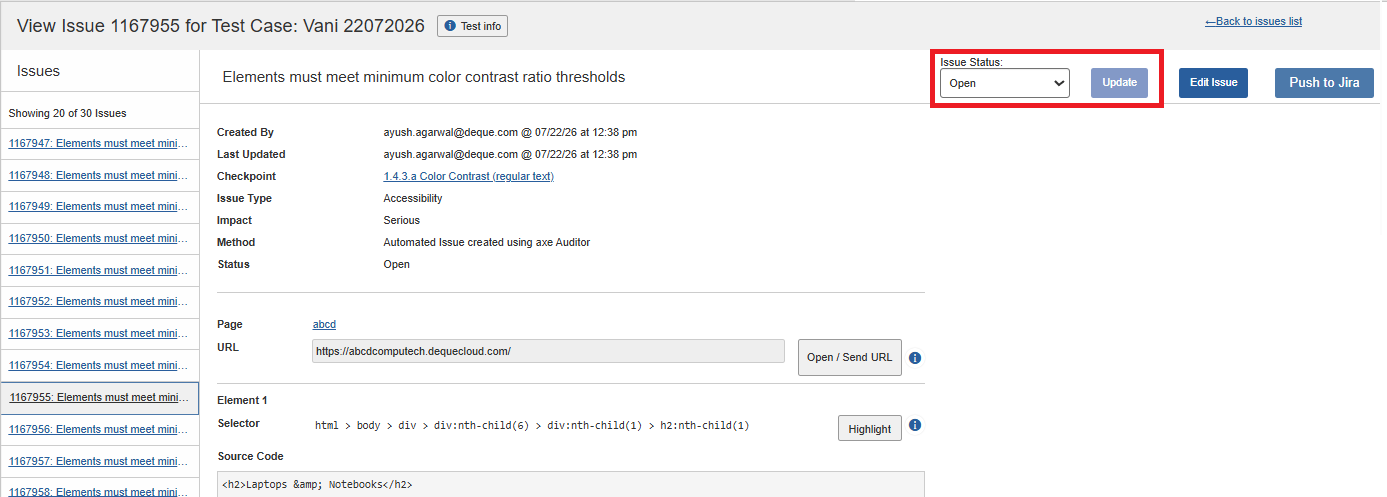 Update Status Issues Dialog Box