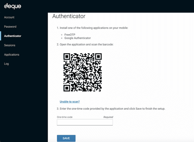 Example of the Authenticator screen in axe Auditor with each major step in the setup
process
