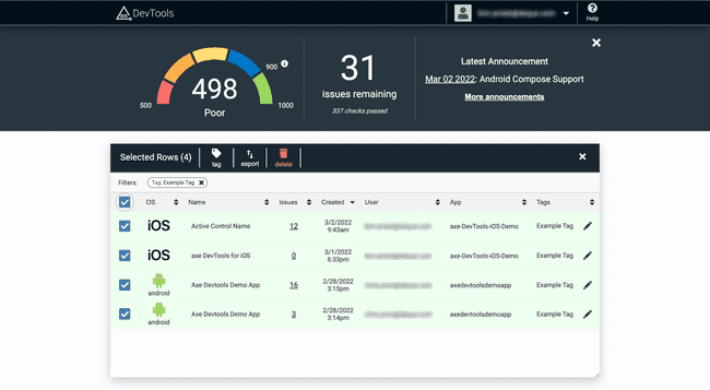  Screenshot of the dashboard where multiple scans are selected. Bulk actions such as tag, export, and delete are now available.