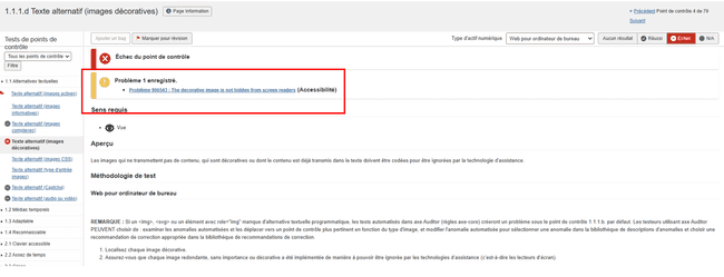 Cliquant sur le lien &apos;Afficher le problème&apos; à partir du message &apos;problème enregistré&apos; en haut de l'écran de test de point de contrôle individuel