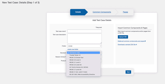 Example of the New Test Case screen Details tab displaying the refined Standard dropdown menu list options