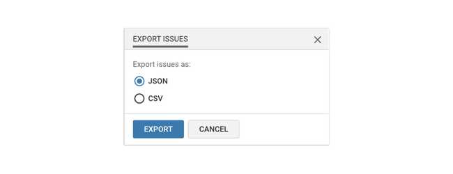 Export issues dialog showing two export formats: CSV and JSON