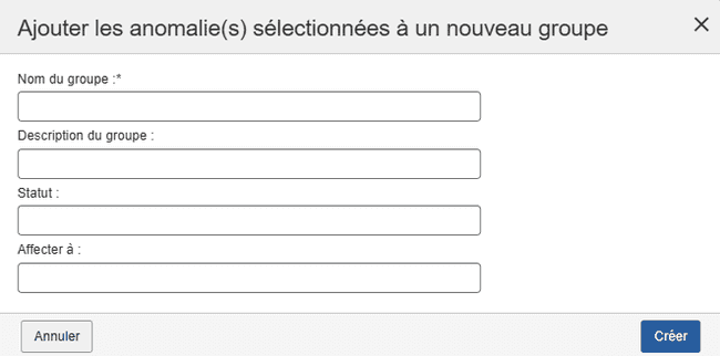 nouveaux champs de groupe - nom, description, statut et assigné à