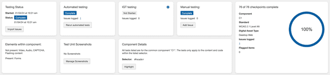 System response message 'all checkpoints for this page are completed' with Complete Auto Testing and Go to the test run overview links displayed, along with a Go to the Next Incomplete Page button