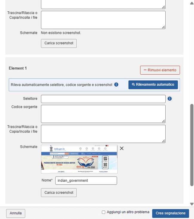 Schermata di visualizzazione dei problemi