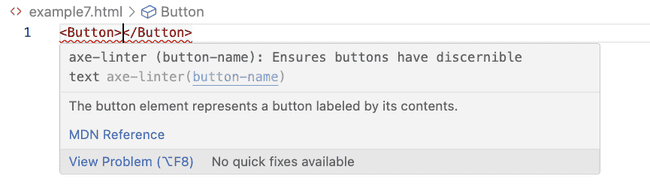 This image shows the Cauldron Button element without any text content, which is an accessibility error and is indicated by an error tooltip in VS Code.