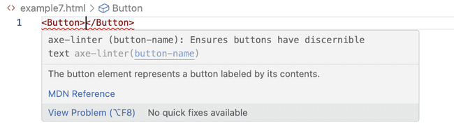 This image shows the Cauldron Button element without any text content, which is an accessibility error and is indicated by an error tooltip in VS Code.