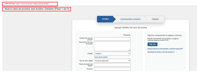 Ejemplo del resultado de hacer clic en un enlace de Caso de prueba en la pantalla Casos de prueba: aparece el asistente de 3 paneles Editar caso de prueba, con el panel Detalles abierto, que le permite editar campos