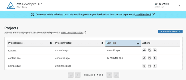 The Projects page in axe Developer Hub lists your axe Developer Hub projects.