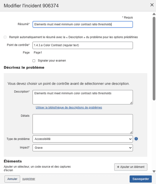 Boîte de dialogue d'édition du problème